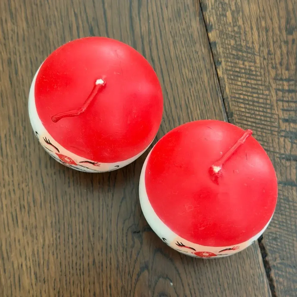 Vintage Set of 2 Santa Face Round Candles – Hand Painted Christmas Candles